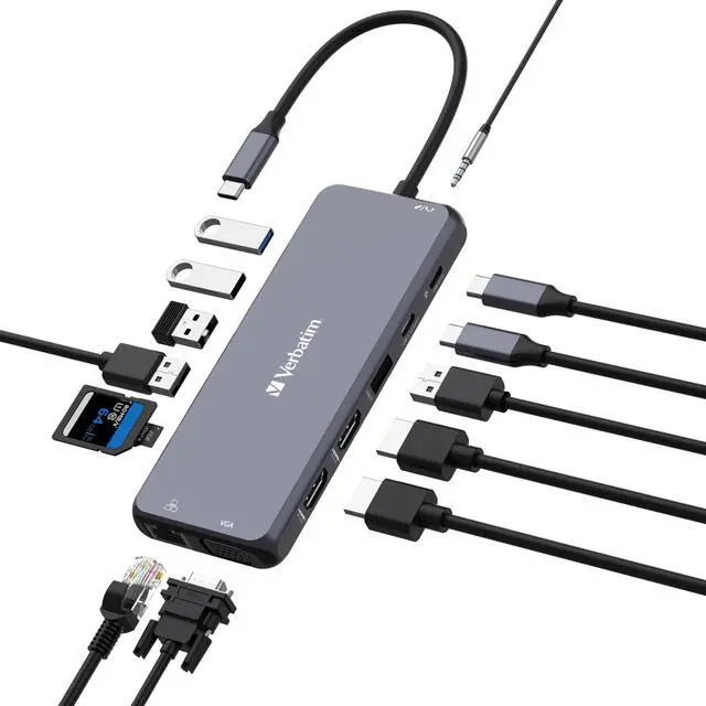 Alt view image 11 of 12 - Verbatim USB-C Pro Multiport Hub CMH 14 - 14 Ports - for Monitor - Charging Capability - Memory Card Reader - SD, microSD - USB Type C - 3 Displays Supported - Full HD, 4K - 1920 x 1080, 38