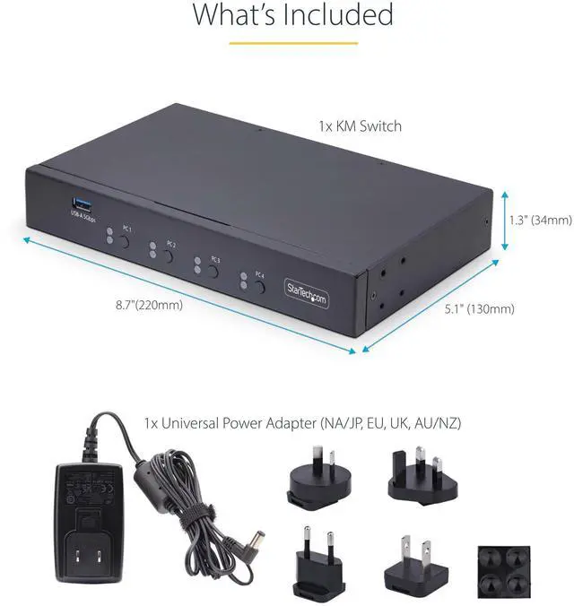 Alt view image 12 of 13 - StarTech 4-Port KM Switch w/ Mouse Switching - USB 3.0 Keyboard/Mouse Switcher for 4 Computers - 3.5mm and USB Audio - TAA Compliant P4A20132-KM-SWITCH