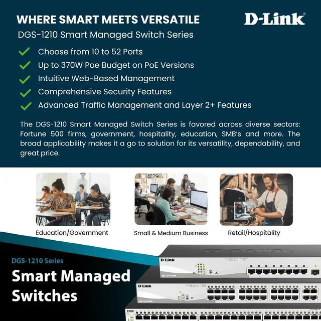 Alt view image 9 of 13 - D-Link 10-Port Gigabit Smart Managed PoE+ Switch | 8 PoE+ Ports (130W) + 2 Optical SFP Ports|L3 Lite|NDAA/TAA Compliant (DGS-1210-10MP)