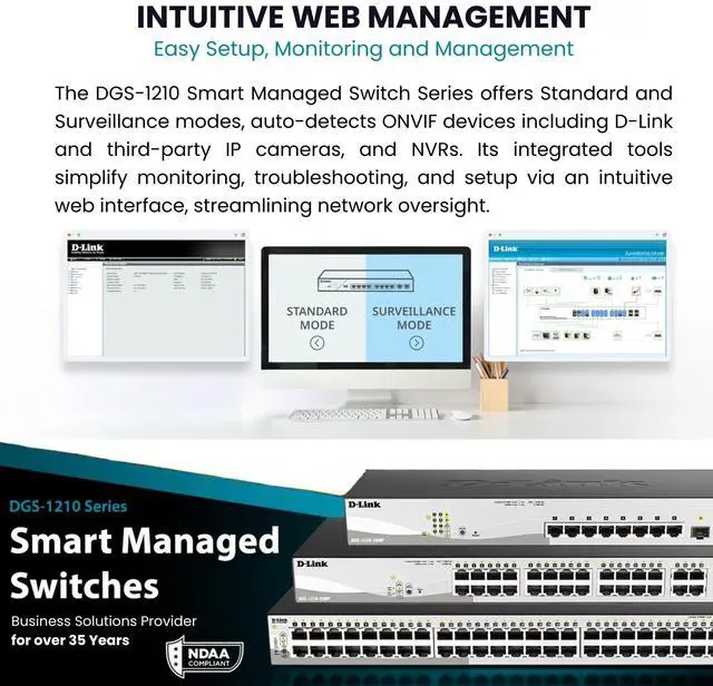 Alt view image 12 of 13 - D-Link 10-Port Gigabit Smart Managed PoE+ Switch | 8 PoE+ Ports (130W) + 2 Optical SFP Ports|L3 Lite|NDAA/TAA Compliant (DGS-1210-10MP)