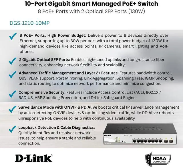 Alt view image 10 of 13 - D-Link 10-Port Gigabit Smart Managed PoE+ Switch | 8 PoE+ Ports (130W) + 2 Optical SFP Ports|L3 Lite|NDAA/TAA Compliant (DGS-1210-10MP)