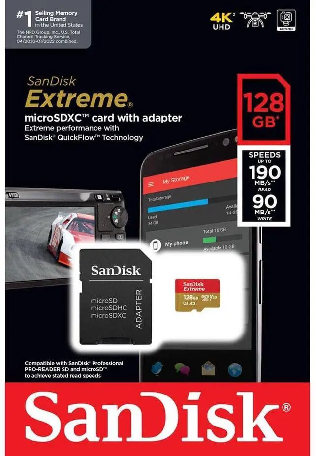 Alt view image 15 of 18 - SanDisk Extreme 128 GB Class 3/UHS-I (U3) V30 microSDXC - 190 MB/s Read - 90 MB/s Write SDSQXAA-128G-AN6MA