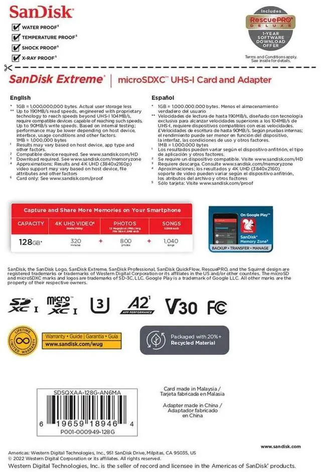 Alt view image 16 of 18 - SanDisk Extreme 128 GB Class 3/UHS-I (U3) V30 microSDXC - 190 MB/s Read - 90 MB/s Write SDSQXAA-128G-AN6MA