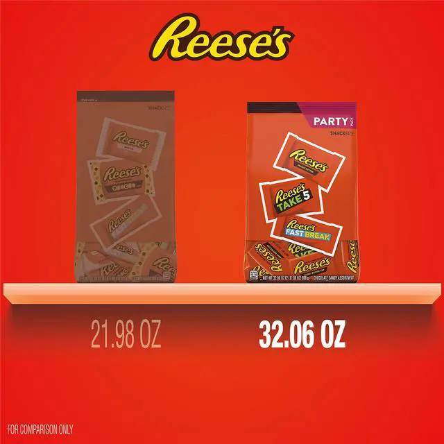 Alt view image 12 of 12 - REESE'S Milk Chocolate Peanut Butter Assortment Snack Size Candy Individually Wrapped 32.06 oz Bulk Party Bag (3400093922) HEC93922
