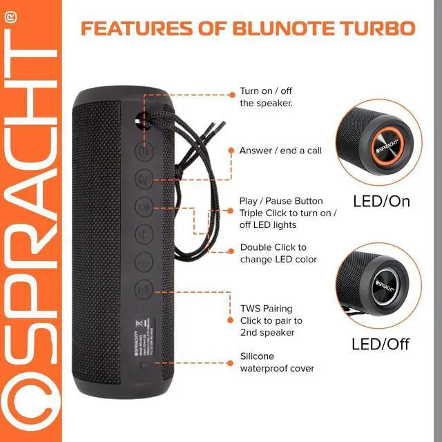 Alt view image 6 of 9 - Spracht Blunote Turbo Portable Bluetooth Speaker System 20 W RMS Matte Black