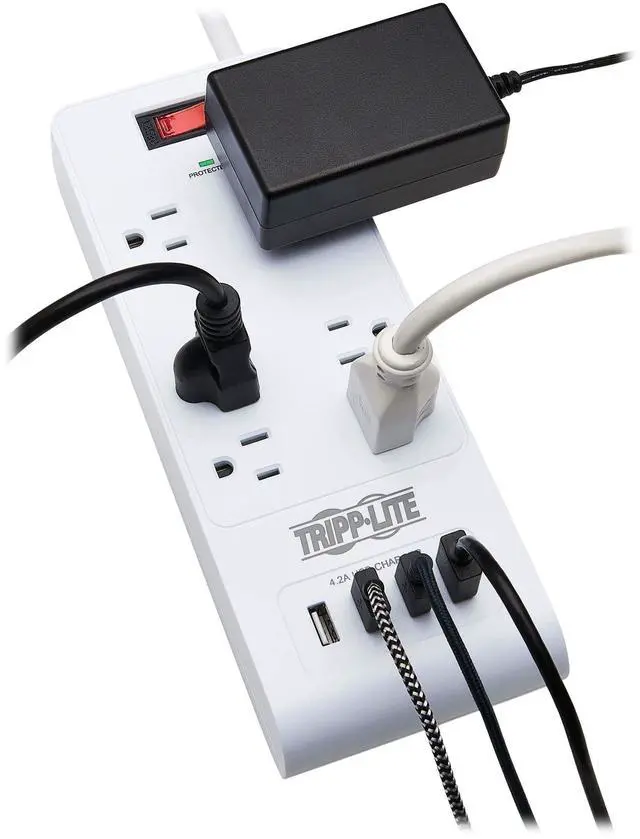 Alt view image 11 of 15 - Tripp Lite 15ft 6-Outlet 4 USB Surge Protector Power Strip White TLP64USBRA15