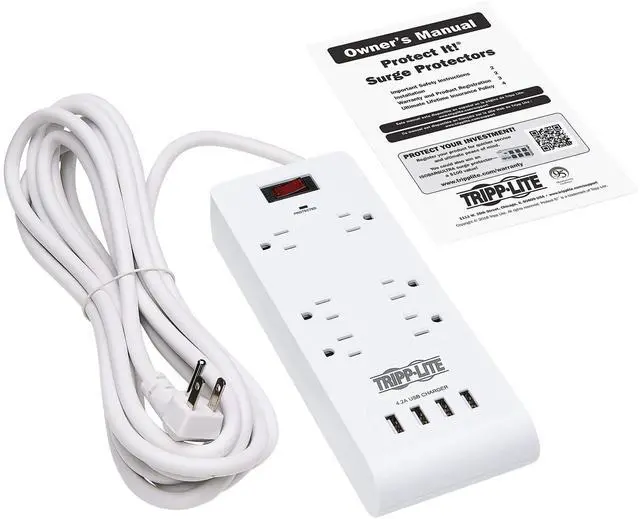 Alt view image 14 of 15 - Tripp Lite 15ft 6-Outlet 4 USB Surge Protector Power Strip White TLP64USBRA15