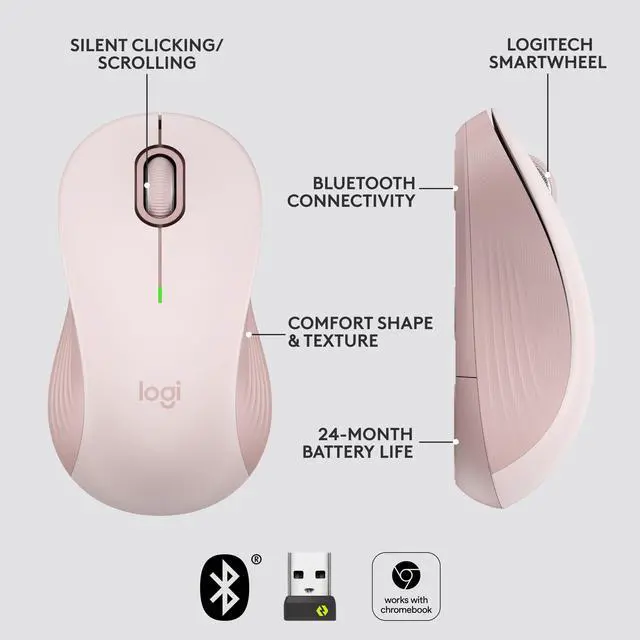 Alt view image 11 of 12 - Logitech Signature M550 Mouse - Optical - Wireless - 32.81 ft - Bluetooth/Radio Frequency - 2.40 GHz - Rose - USB - 4000 dpi - Scroll Wheel - 3 Button(s) - 3 Programmable Button(s) - Small/Medium Hand