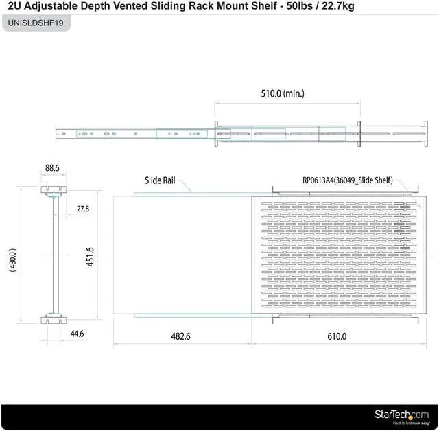 Alt view image 9 of 9 - StarTech.com Server Rack Shelf - 2U - 20 to 30in Adjustable Mounting Depth - Vented - Server Rack Cabinet Shelf - 24in D