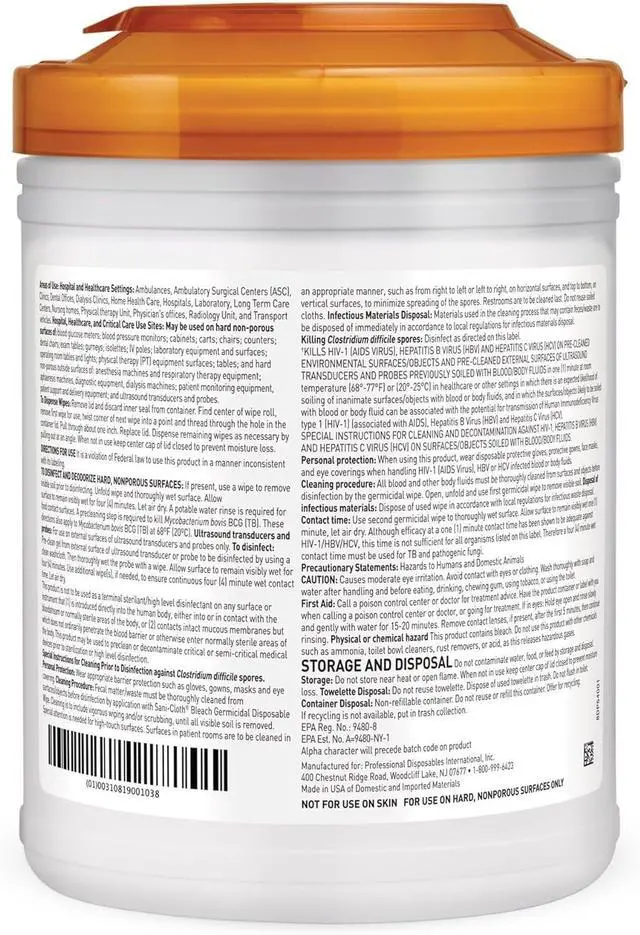 Alt view image 2 of 2 - Sani Professional Sani-Cloth Bleach Germicidal Disposable Wipes Unscented 65/Pk