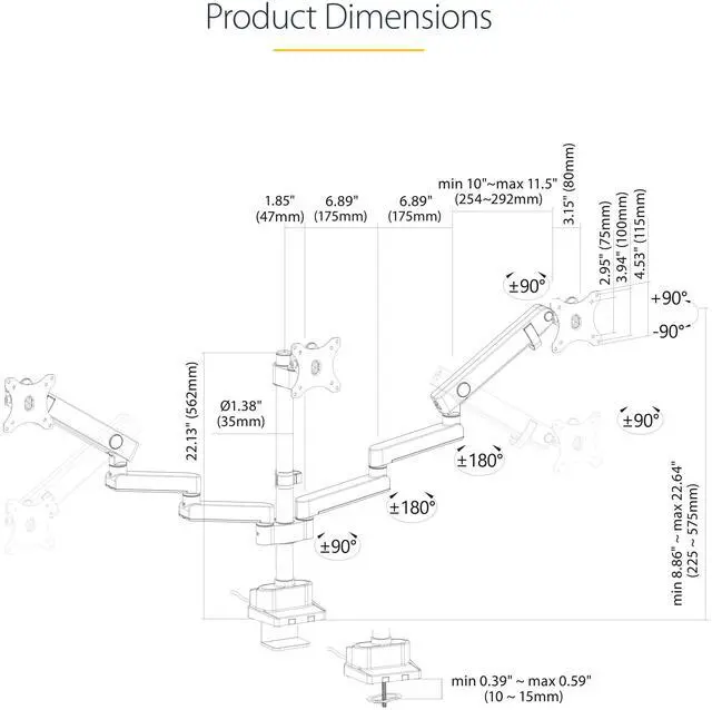 Alt view image 11 of 15 - Startech Triple monitor desk mount with support up to 27" monitors with height adjustable articulating arms - VESA 75x75/100x100, Tool-Less Arm Adjustments, C-Clamp/Grommet Mount