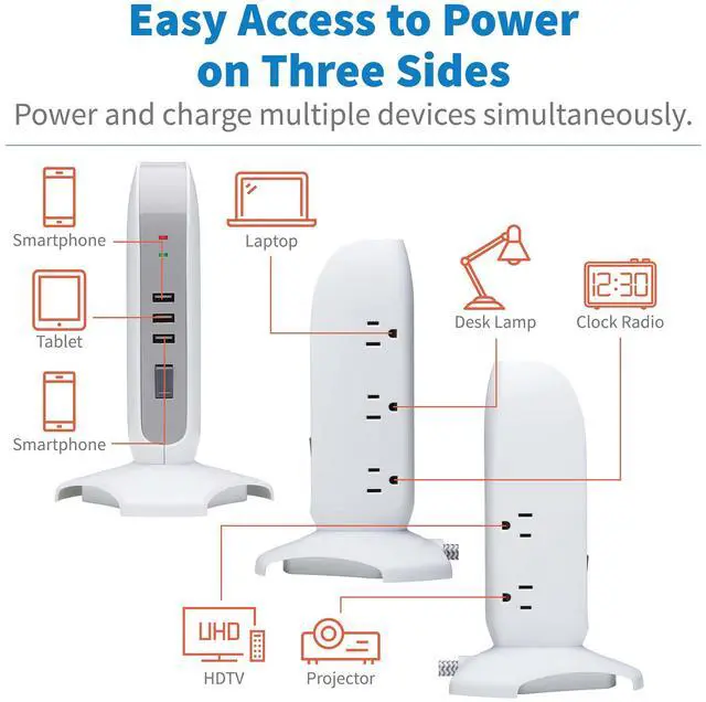 Alt view image 3 of 7 - Tripp Lite Surge Protector Tower 5-Outlet w/ 3 USB Ports White TLP66USB