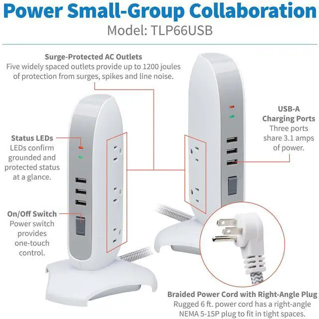 Alt view image 4 of 7 - Tripp Lite Surge Protector Tower 5-Outlet w/ 3 USB Ports White TLP66USB