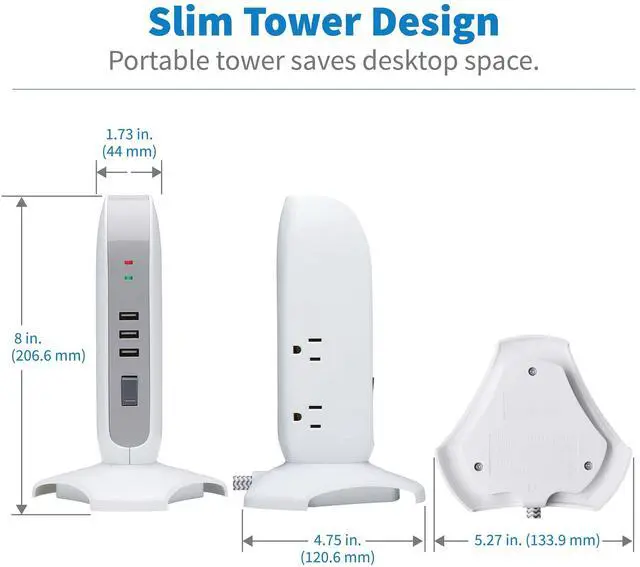 Alt view image 5 of 7 - Tripp Lite Surge Protector Tower 5-Outlet w/ 3 USB Ports White TLP66USB