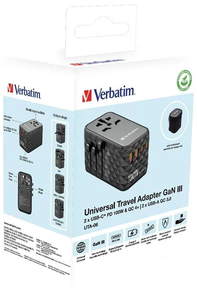 Alt view image 14 of 14 - Verbatim UTA-06 Gan III Universal Travel Adapter 100W - USB-C, USB-A - 100 W - 120 V AC, 230 V AC Input