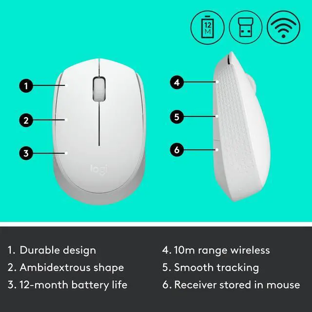 Alt view image 17 of 17 - Logitech M170 Wireless Mouse for PC, Mac, Laptop, 2.4 GHz with USB Mini Receiver, Optical Tracking, 12-Months Battery Life, Ambidextrous - Off White