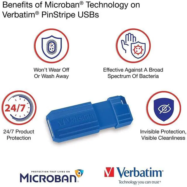 Alt view image 10 of 14 - Verbatim PinStripe 128GB USB 2.0 Type-A Flash Drive Red and Blue 2/Pack (70391)
