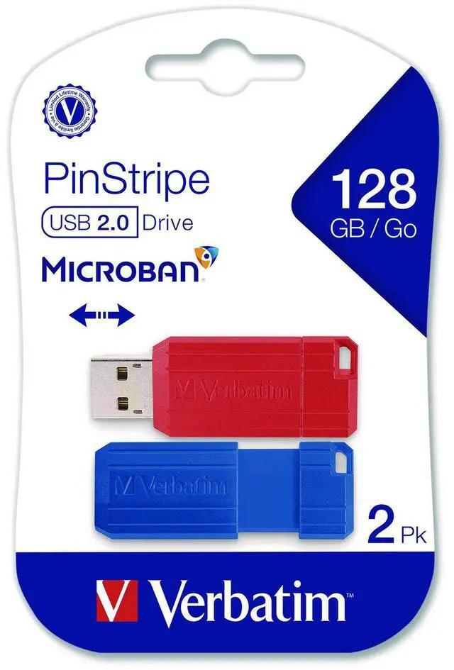 Alt view image 8 of 14 - Verbatim PinStripe 128GB USB 2.0 Type-A Flash Drive Red and Blue 2/Pack (70391)