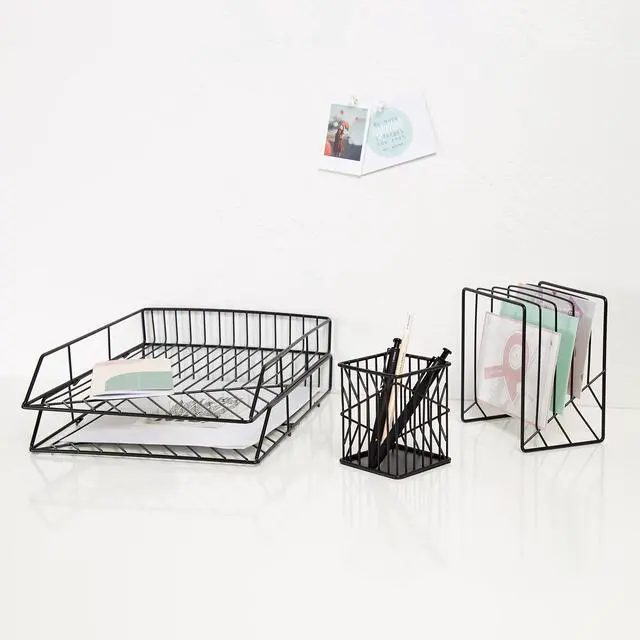 Alt view image 3 of 7 - Vena Desktop Organization Kit 8 Compartments Letter Sorter Paper Tray Pencil Cup Black Metal 2004U0001