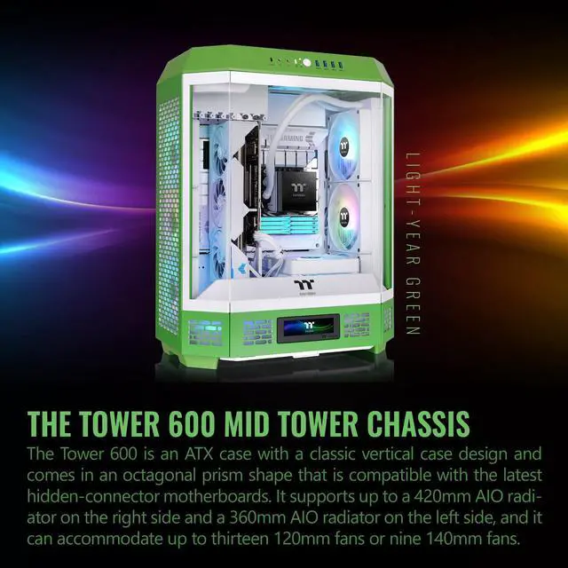 Alt view image 10 of 14 - Thermaltake Tower 600 Mid Tower; 2x140mm CT Fans Included; 420mm Radiator Support; 400mm GPU Clearance; Hidden Connector Support; Rotatable PCIe Slots; Light-Year Green; CA-1Z1-00MOWN-00
