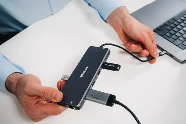 Alt view image 10 of 12 - Verbatim USB-C Pro Multiport Hub CMH 13 - 13 Ports - for Monitor/Headphone/Speaker - Charging Capability - Memory Card Reader - SD, microSD - USB Type C - 3 Displays Supported - 4K, 8K - 38