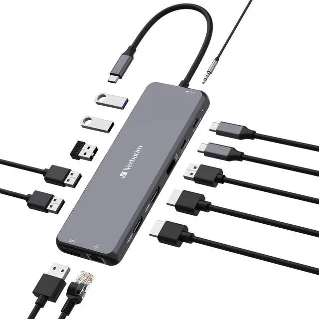 Alt view image 11 of 12 - Verbatim USB-C Pro Multiport Hub CMH 13 - 13 Ports - for Monitor/Headphone/Speaker - Charging Capability - Memory Card Reader - SD, microSD - USB Type C - 3 Displays Supported - 4K, 8K - 38