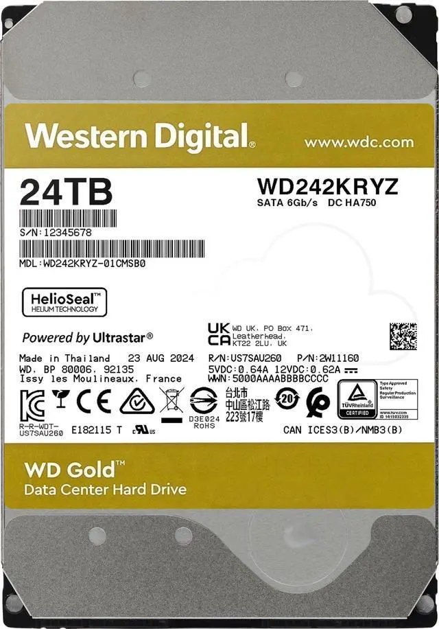 Alt view image 5 of 10 - WD Gold WD242KRYZ 24 TB Hard Drive - 3.5" Internal - SATA (SATA/600) - Conventional Magnetic Recording (CMR) Method - Storage System, Data Center, Server Device Supported - 7200rpm