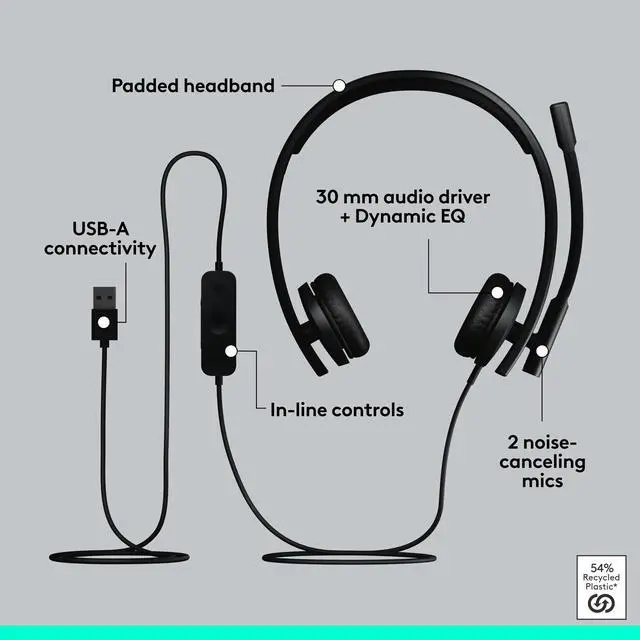 Alt view image 13 of 14 - Logitech H570e USB Headset With Microphone for PC and Mac, USB-A Wired Headset With Stereo Sound, Noise-Canceling Mics and Inline Controls, Certified for Microsoft Teams, Black - Microsoft Teams Certi