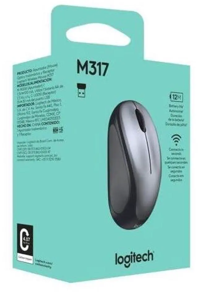 Alt view image 9 of 9 - Logitech Wireless Mouse M317 - Optical - Wireless - 32.81 ft - Radio Frequency - 2.40 GHz - USB - 1000 dpi - Scroll Wheel - 3 Button(s) - Small Hand/Palm Size - Symmetrical - 1 x AA Battery Supported