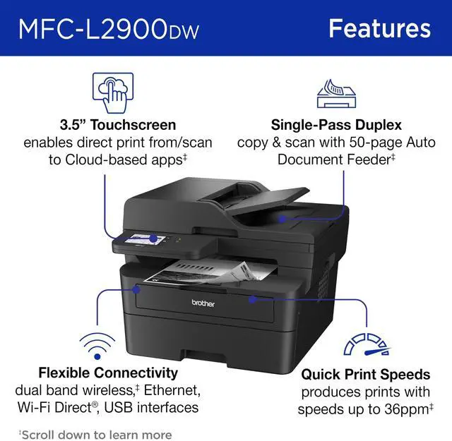 Alt view image 6 of 9 - Brother MFC-L2900DW MFC / All-In-One Up to 36 ppm Monochrome Wireless 802.11b/g/n (2.4GHz) / 802.11a/n (5GHz), Ethernet, Hi-Speed USB 2.0 Electrophotographic Laser Printer