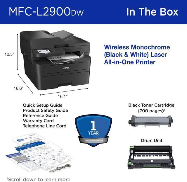 Alt view image 7 of 9 - Brother MFC-L2900DW MFC / All-In-One Up to 36 ppm Monochrome Wireless 802.11b/g/n (2.4GHz) / 802.11a/n (5GHz), Ethernet, Hi-Speed USB 2.0 Electrophotographic Laser Printer