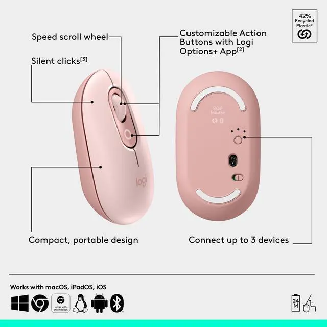 Alt view image 13 of 14 - Logitech POP Mouse - Wireless - 32.81 ft - Bluetooth - Rose - Scroll Wheel - 4 Button(s) - 1 x AA Battery Supported