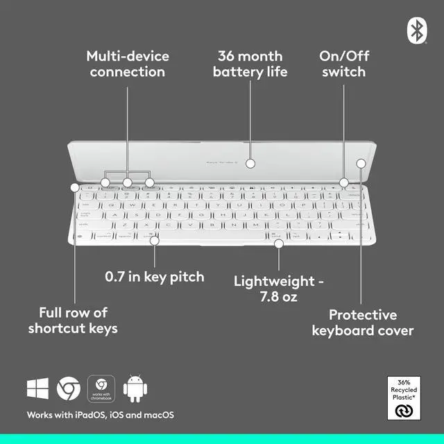 Alt view image 16 of 17 - Logitech KEYS-to-GO 2 Portable Bluetooth Tablet Keyboard, Built-in Cover, - PALE GREY - APPLE