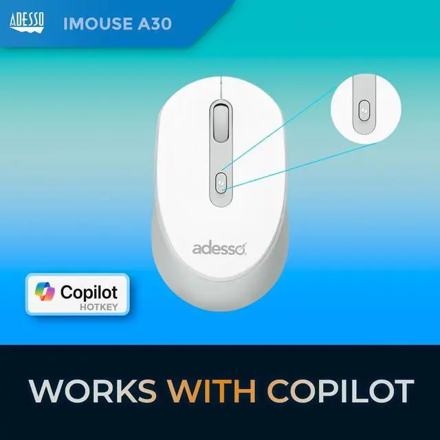 Alt view image 10 of 13 - Adesso iMOUSE A30W Mouse - Optical - Wireless - 30 ft - Radio Frequency - 2.40 GHz - White - USB Type A - 2400 dpi - 4 Button(s) - Symmetrical