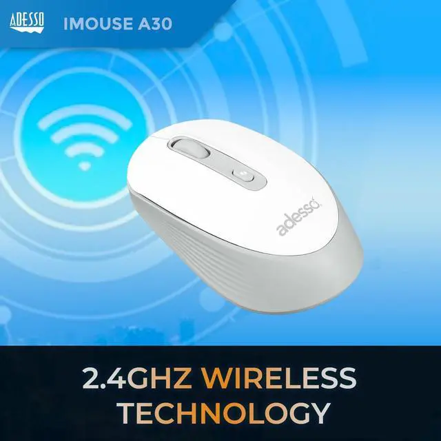 Alt view image 12 of 13 - Adesso iMOUSE A30W Mouse - Optical - Wireless - 30 ft - Radio Frequency - 2.40 GHz - White - USB Type A - 2400 dpi - 4 Button(s) - Symmetrical
