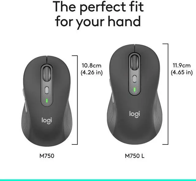 Alt view image 9 of 13 - Logitech Signature Plus M750 Mouse - Optical - Wireless - 32.81 ft - Bluetooth/Radio Frequency - 2.40 GHz - Graphite - USB - 2000 dpi - Scroll Wheel - 6 Button(s) - Small/Medium Hand/Palm Size - 1 x A