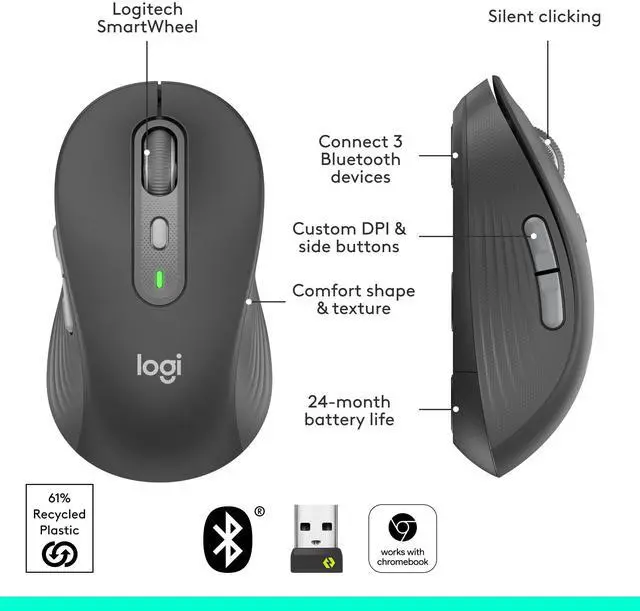Alt view image 8 of 13 - Logitech Signature Plus M750 Mouse - Optical - Wireless - 32.81 ft - Bluetooth/Radio Frequency - 2.40 GHz - Graphite - USB - 2000 dpi - Scroll Wheel - 6 Button(s) - Small/Medium Hand/Palm Size - 1 x A