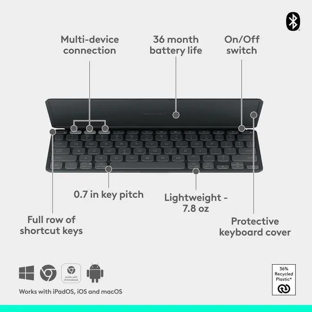 Alt view image 4 of 7 - Logitech KEYS-to-GO 2 Portable Bluetooth Tablet Keyboard, Builtin Cover Graphite