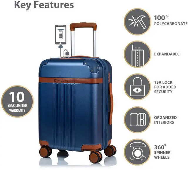 Alt view image 10 of 14 - CHAMPS Vintage Collection - Hardside Carry-on - Navy - Durable Expandable Hardside 20in. Carry-on - Lightweight Polycarbonate with TSA Lock - 360-Degree Wheels and USB-Charging port for Charging on-th