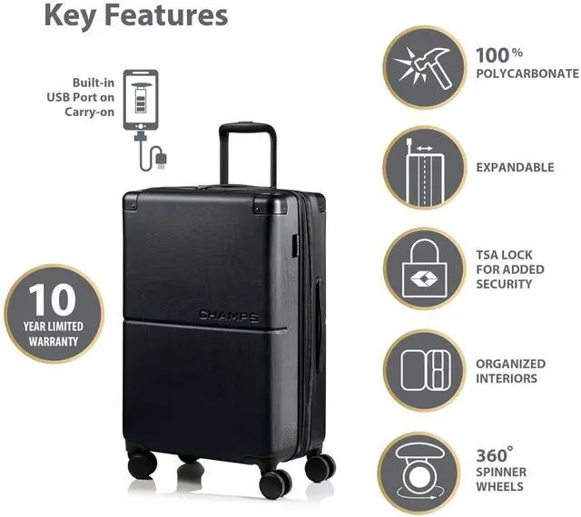Alt view image 10 of 14 - CHAMPS Earth Collection 3-piece Hardside Luggage set Black S1034BLACK