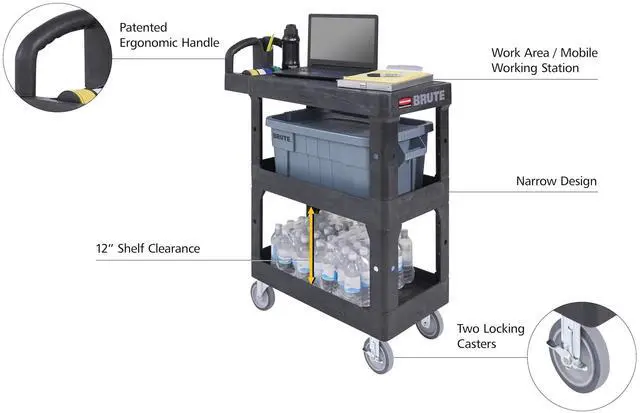 Alt view image 2 of 7 - Rubbermaid Brute 3-Shelf Heavy-Duty Ergo Utility Cart Small Black 2203280
