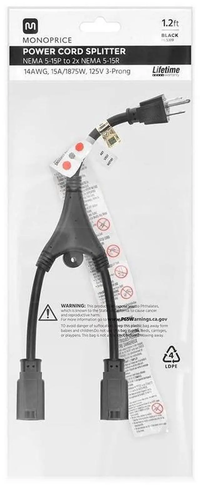 Alt view image 11 of 14 - Monoprice 14inch 14AWG Power Cord Splitter Cable, 15A (NEMA 5-15P to 2x NEMA 5-15R)