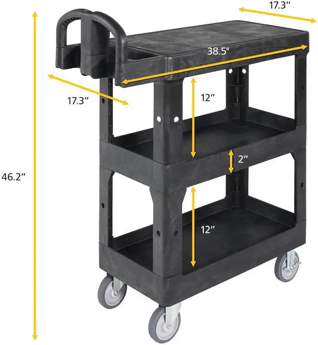 Alt view image 6 of 7 - Rubbermaid Brute 3-Shelf Heavy-Duty Ergo Utility Cart Small Black 2203280