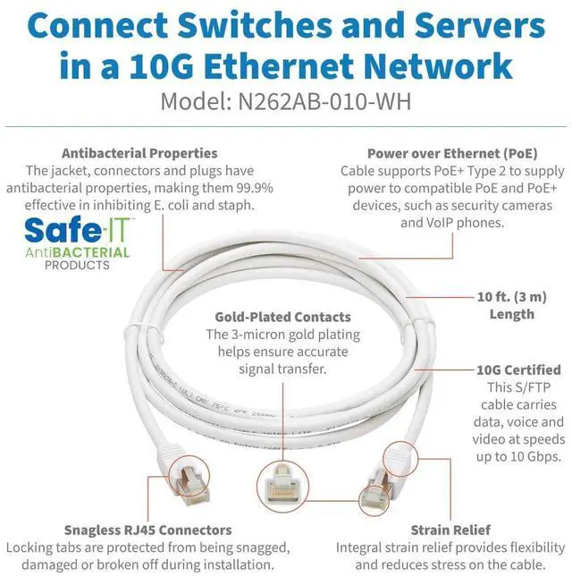 Alt view image 4 of 8 - TRIPP LITE N262AB-010-WH 10 ft. Cat 6A White Safe-IT Cat6a 10G Certified Snagless Antibacterial S/FTP Ethernet Cable (RJ45 M/M), PoE, White