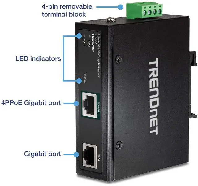 Alt view image 19 of 20 - TRENDnet Hardened Industrial 90W Gigabit 4Ppoe Injector,4-Pair Power Over Ethernet, Poe(15.4W), Poe+(30W), 4Ppoe(90W)Power, IP30, DIN-Rail/Wall Mount Included, 4-Pair Poe Up to 100M (328 ft.),TI-IG90