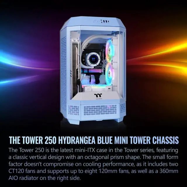 Alt view image 18 of 20 - Thermaltake Tower 250 Hydrangea Blue Mini-ITX Mini Tower 2x120mm CT Fans Included, 360mm Radiator Support 360mm GPU Clearance Dual Chamber CA-1Z9-00SFWN-00