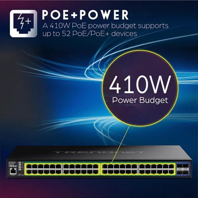 Alt view image 18 of 20 - TRENDnet 52-Port Gigabit Web Smart PoE+ Switch with 10G SFP+ Ports, TPE-3524S, 48 x Gigabit PoE+ Ports, 4 x 10G SFP+ Ports, 410W PoE Power Budget, Lifetime Protection, Black