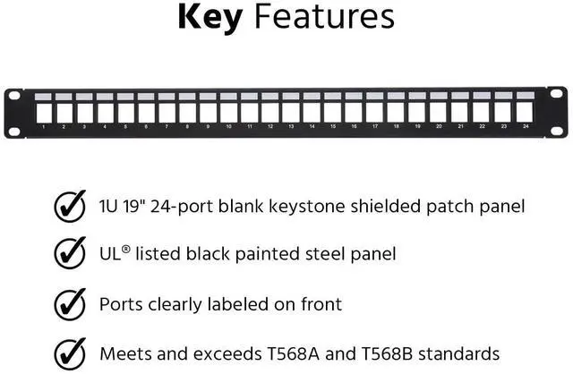 Alt view image 3 of 13 - Monoprice 24-Port 1U Blank Keystone Shielded Network Patch Panel T568A/B