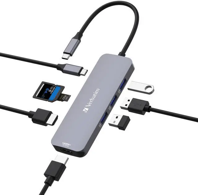 Alt view image 11 of 12 - Verbatim USB-C Pro Multiport Hub CMH 08 - 8 Ports - for Notebook - Charging Capability - Memory Card Reader - SD, microSD - USB Type C - 4 x USB Ports - 3 x USB Type-A Ports - USB Type-A -