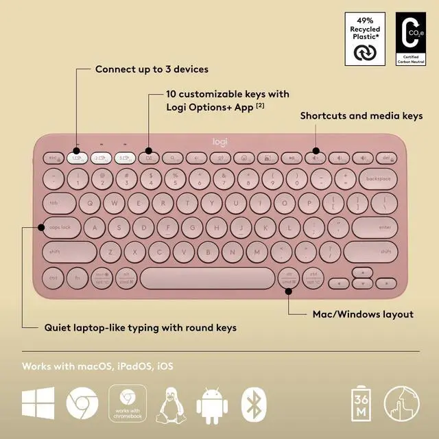 Alt view image 9 of 14 - Logitech Pebble Keys 2 K380S Bluetooth Keyboard, Tonal Rose 920-011777